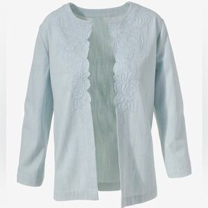 Chicos Size 0 US S Pure Cotton Cut Out‎ Vine Embroiderey Chambray Blue Jacket
